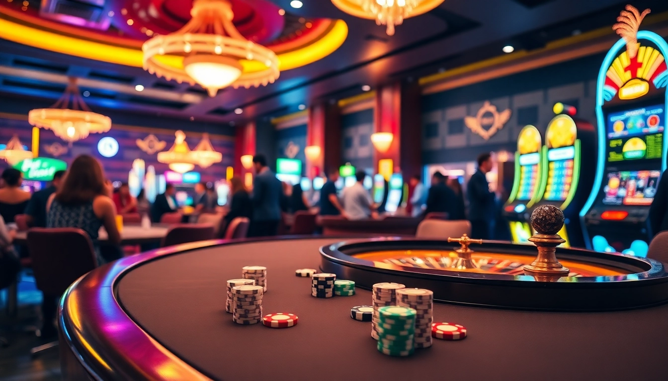 Experience sbobet link alternatif in a vibrant casino atmosphere with poker chips and roulette.