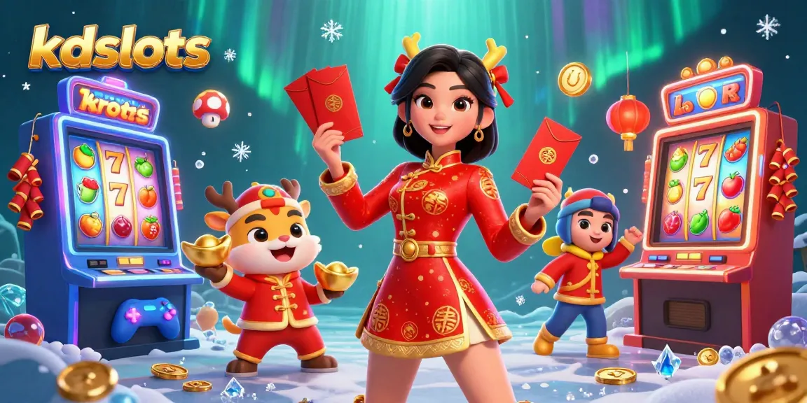 Engage with kdslots' thrilling casino experience featuring vibrant slots and festive characters.