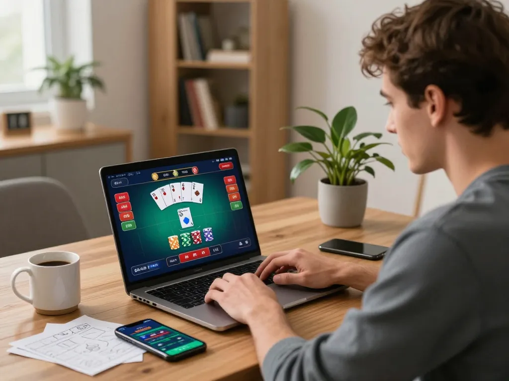 Player engaging with LV88's online poker, showcasing an inviting home gaming setup with strategy notes.