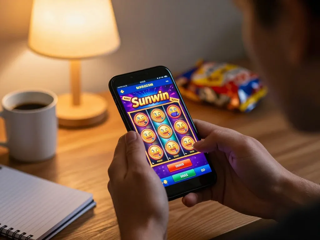 Player enjoying Sunwin slot games on smartphone in cozy home setting