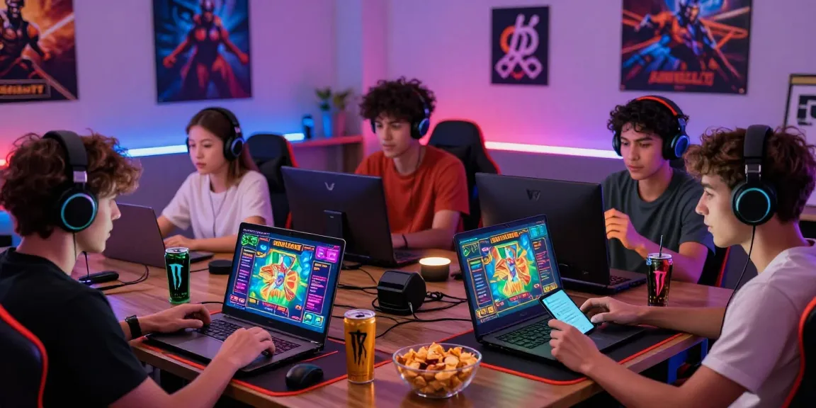 Players engaging with credit card casinos on laptops and smartphones in a vibrant gaming atmosphere.