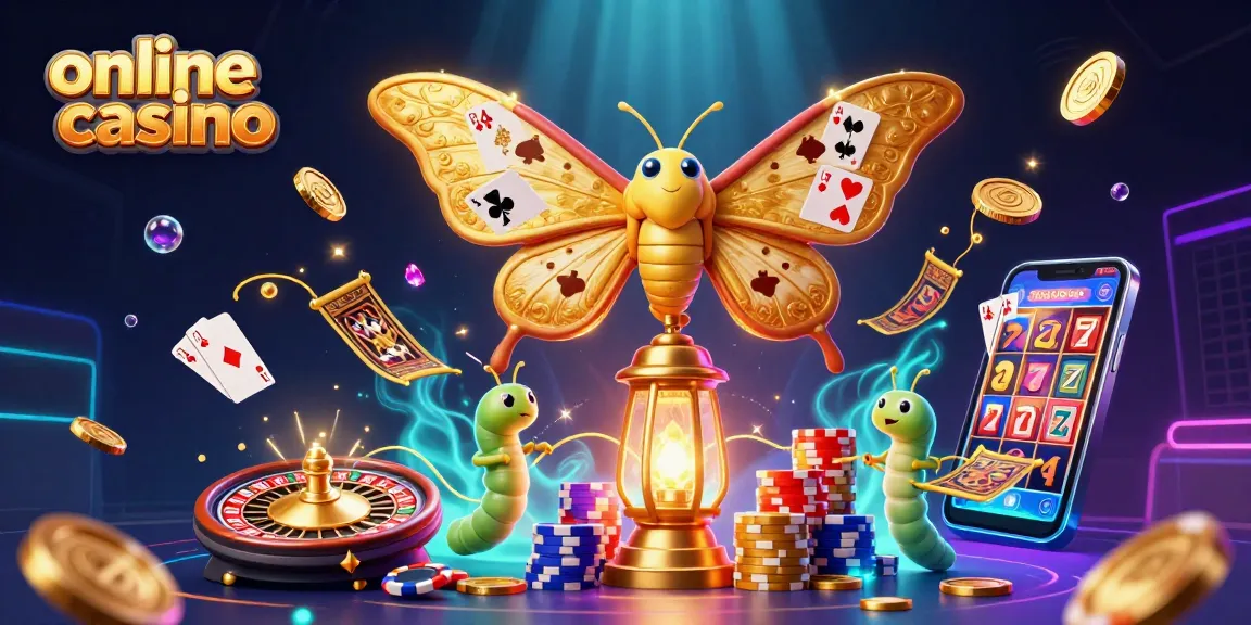 Engage in the thrilling atmosphere of an online casino with a vibrant 3D illustration of a majestic atlas moth and casino elements.