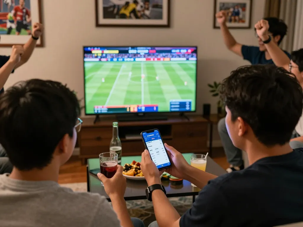 A sports bettor engaging with keonhacai app during live match, showcasing dynamic sports betting excitement.