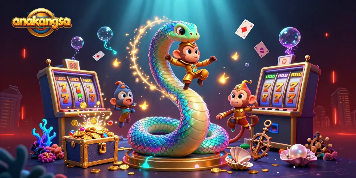 Anakangsa showcases dynamic gameplay with a vibrant 3D scene involving a rainbow serpent, a golden monkey king, and lively gambling elements.