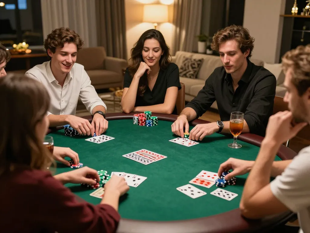 A group playing poker with friends at home, enjoying king33 gaming excitement and strategic decisions