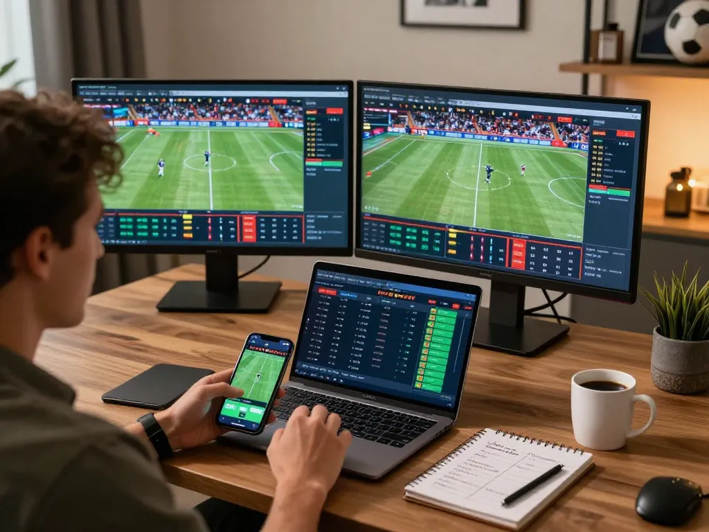 MM88 sports betting setup with live odds and strategies displayed on multiple screens