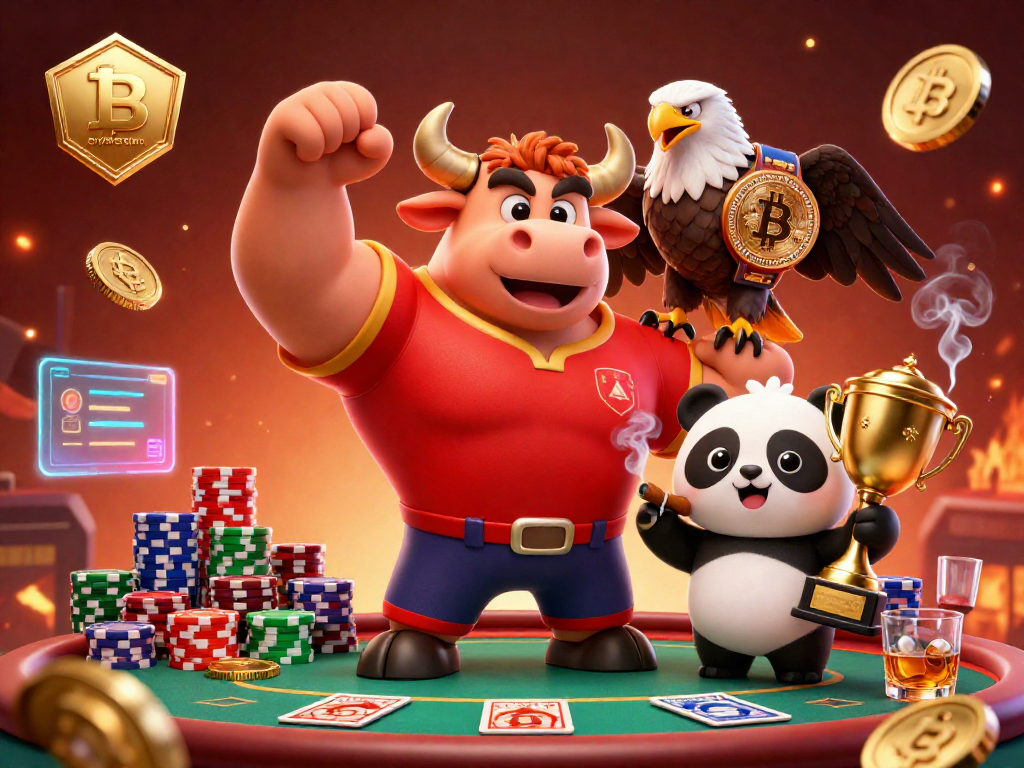Celebrate wins with the crypto casino featuring a victorious bull mascot and dynamic game elements.