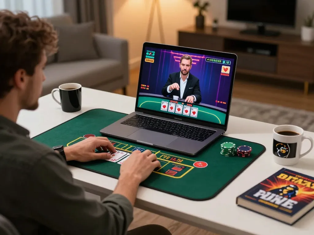 Go8 player engaged in an exciting live dealer blackjack game at home