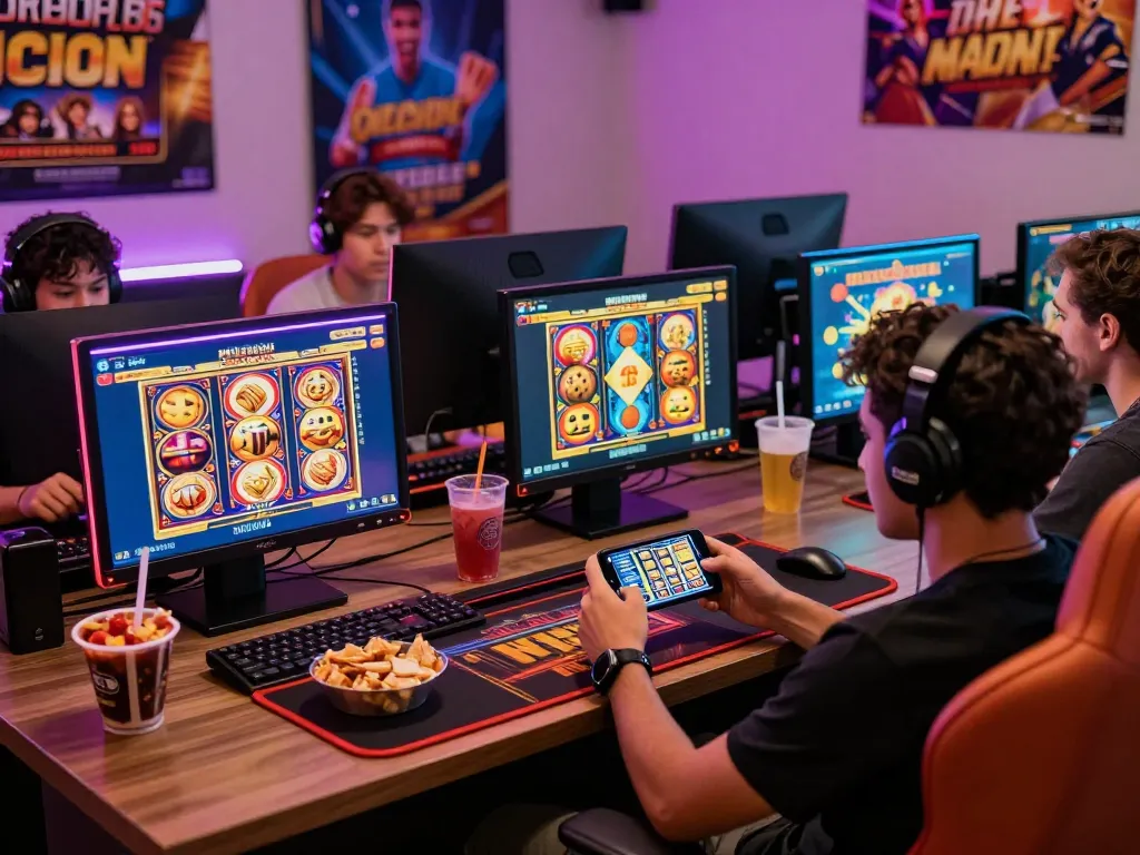 Pemain menikmati permainan situs slot di smartphone dalam lingkungan permainan yang mengundang.