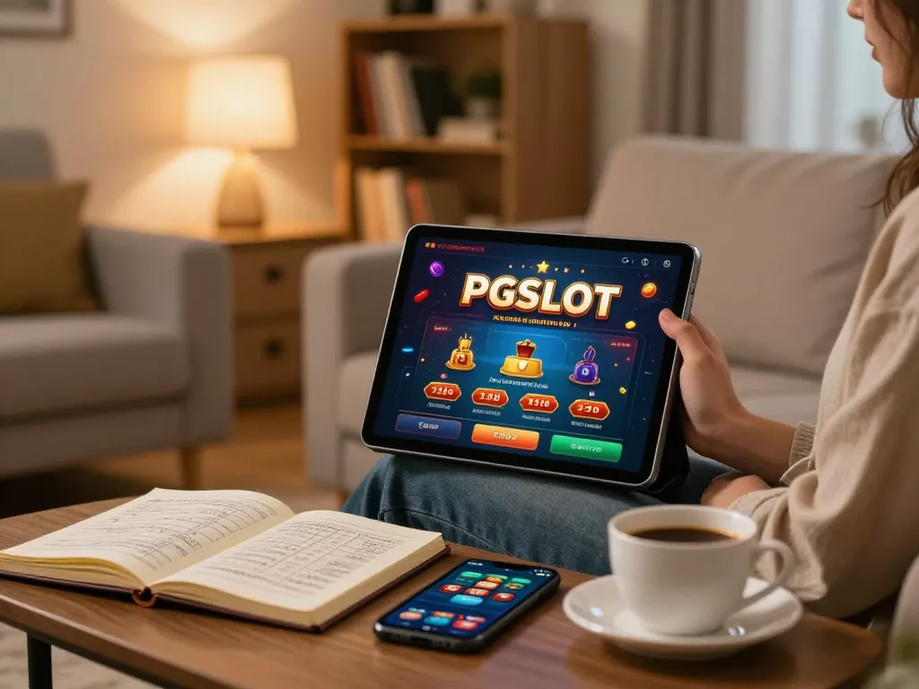 Engaged player exploring PGSLOT online casino on tablet in cozy home setup.