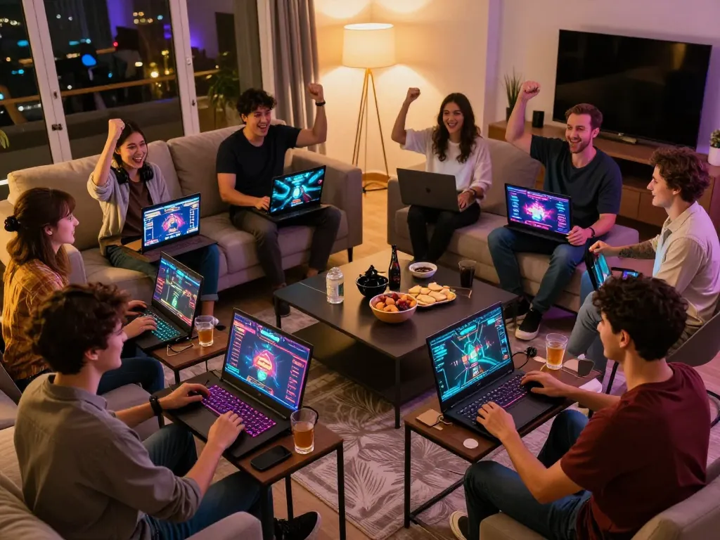 Engaging gameplay at non gamstop casinos with friends celebrating wins in a modern living room