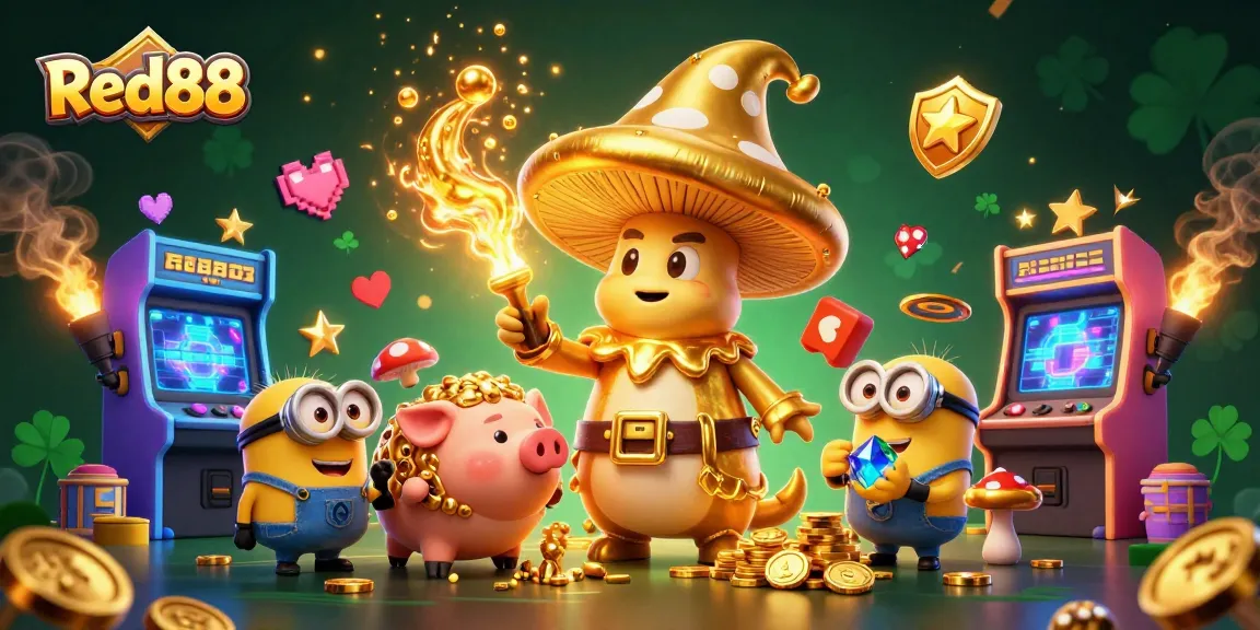 Experience the magic of Red88 as a golden mushroom wizard casts spells in a vibrant gaming scene.