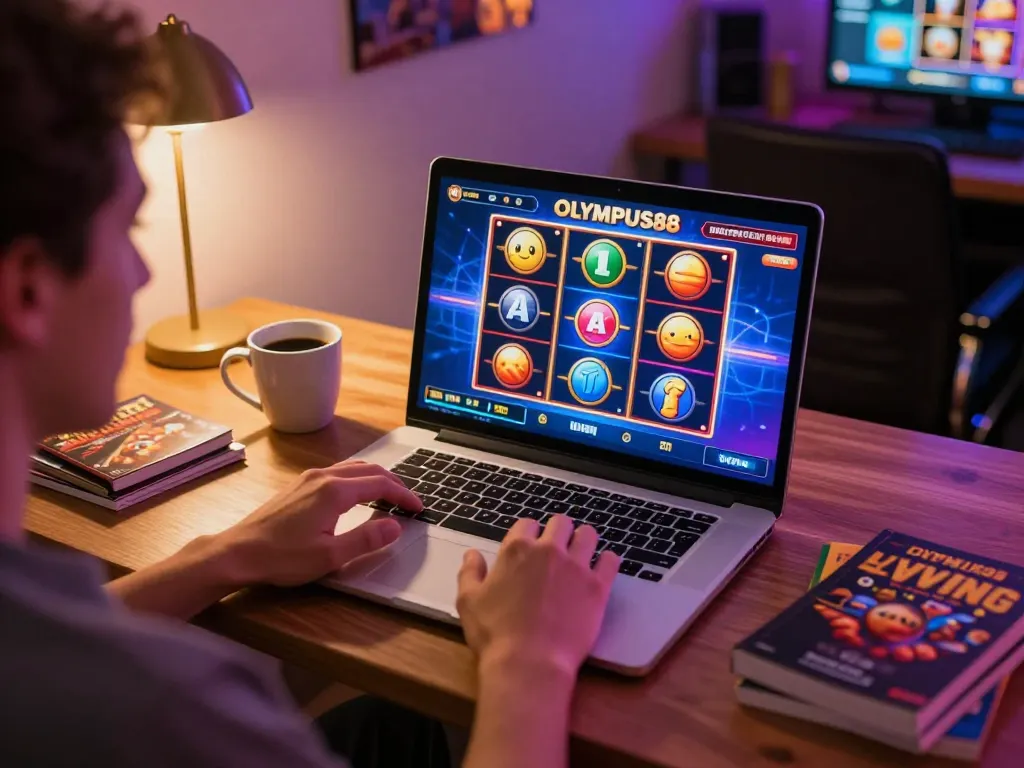 Engaging gameplay on OLYMPUS88 platform showcasing colorful slot machine graphics and cozy home setting