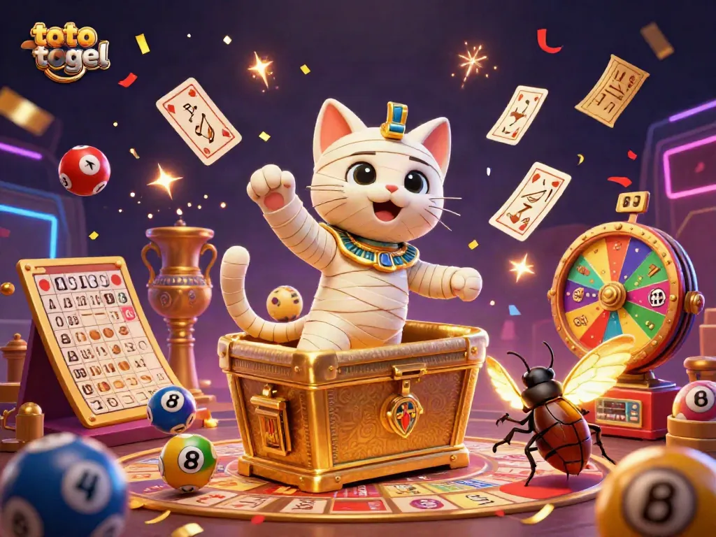 Experience vibrant toto togel action with a cartoon mummy cat in a casino, surrounded by lottery elements.