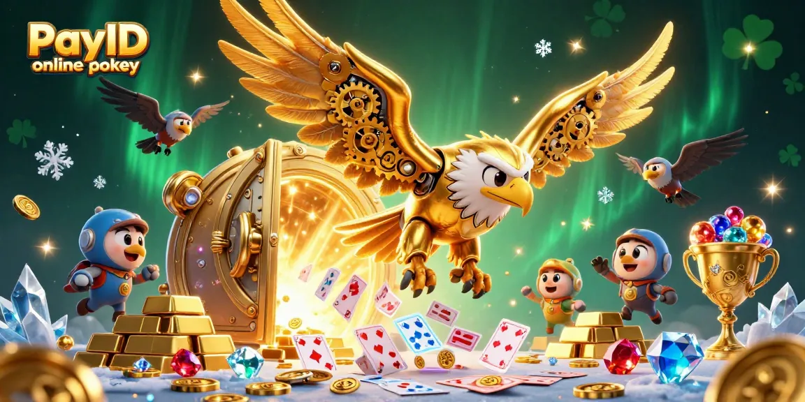 Experience thrilling action with PayID online pokies in a vibrant casino scene featuring treasures and holographic cards.