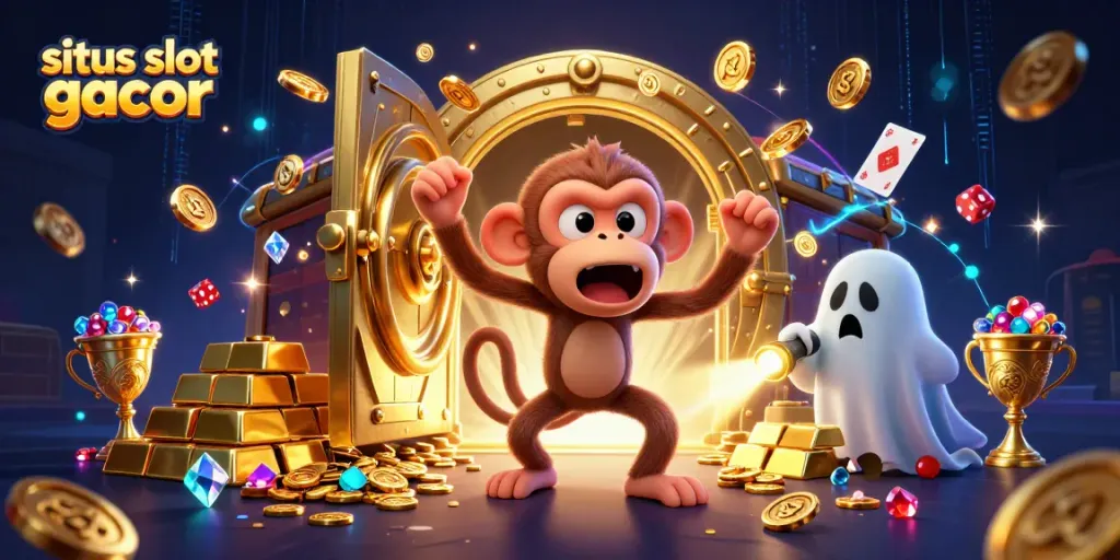Situs slot gacor shines as a poltergeist monkey juggles winnings in a haunted casino scene.