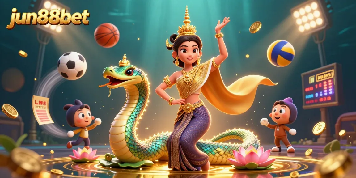Experience thrilling gameplay at jun88bet with a vibrant casino scene featuring a Thai dancer and Naga serpent.