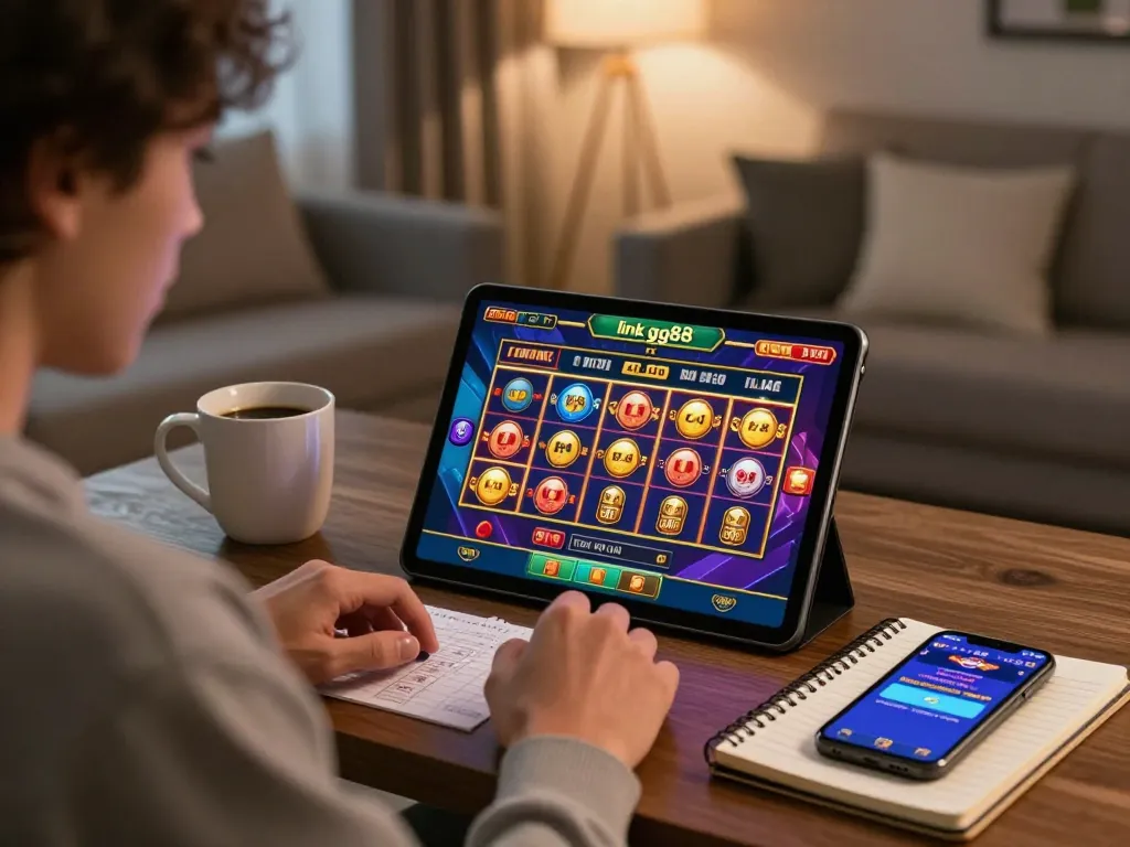Engage with exciting online gaming at link gg88 featuring vibrant slot games on a cozy tablet setup.