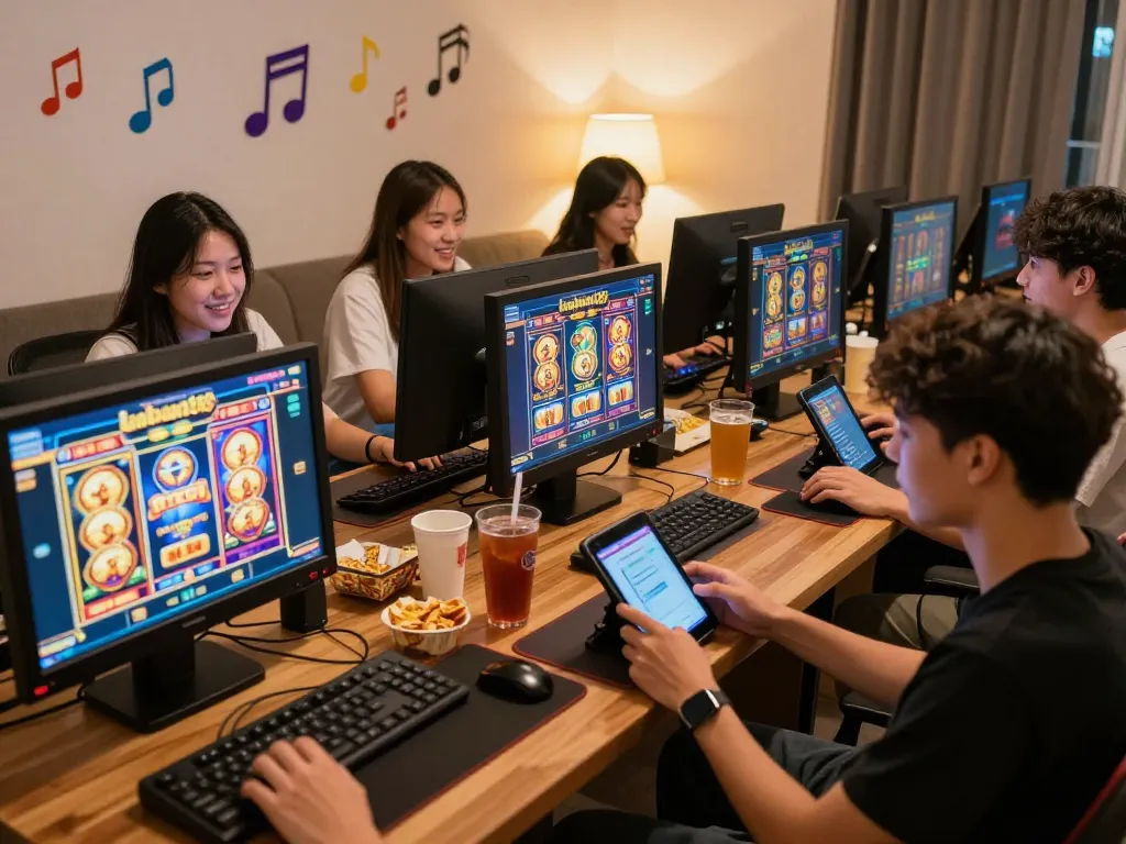Pemain menikmati laoban188 slot gacor terpercaya di lingkungan rumah yang ceria, menunjukkan kegembiraan dan kebersamaan.