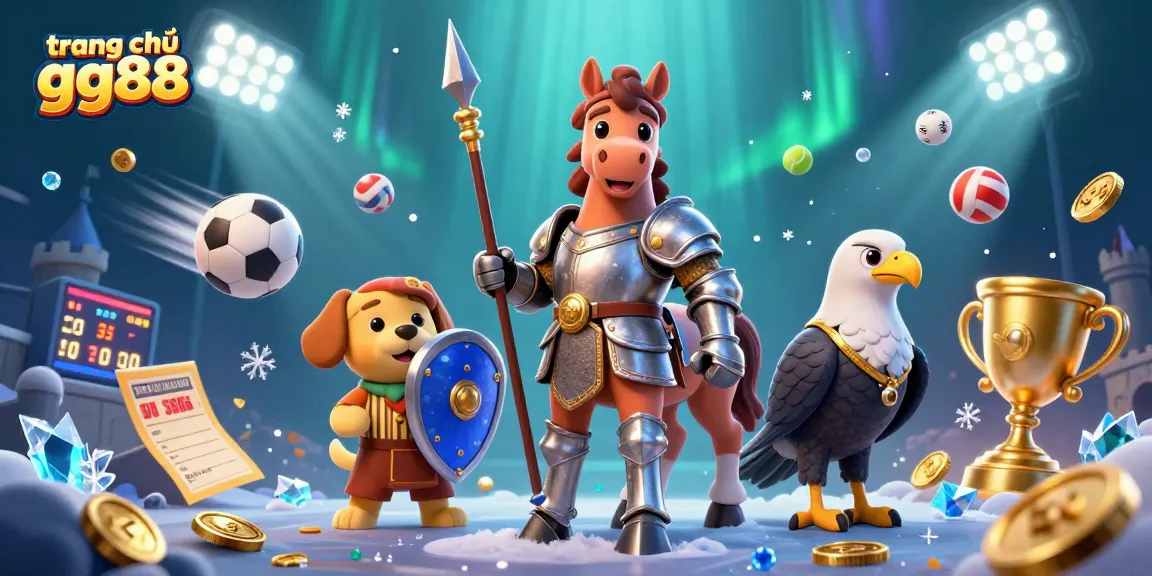 Engage with dynamic action at trang chủ gg88, featuring a knight, squire, and falcon amid vibrant sports elements and gold coins.