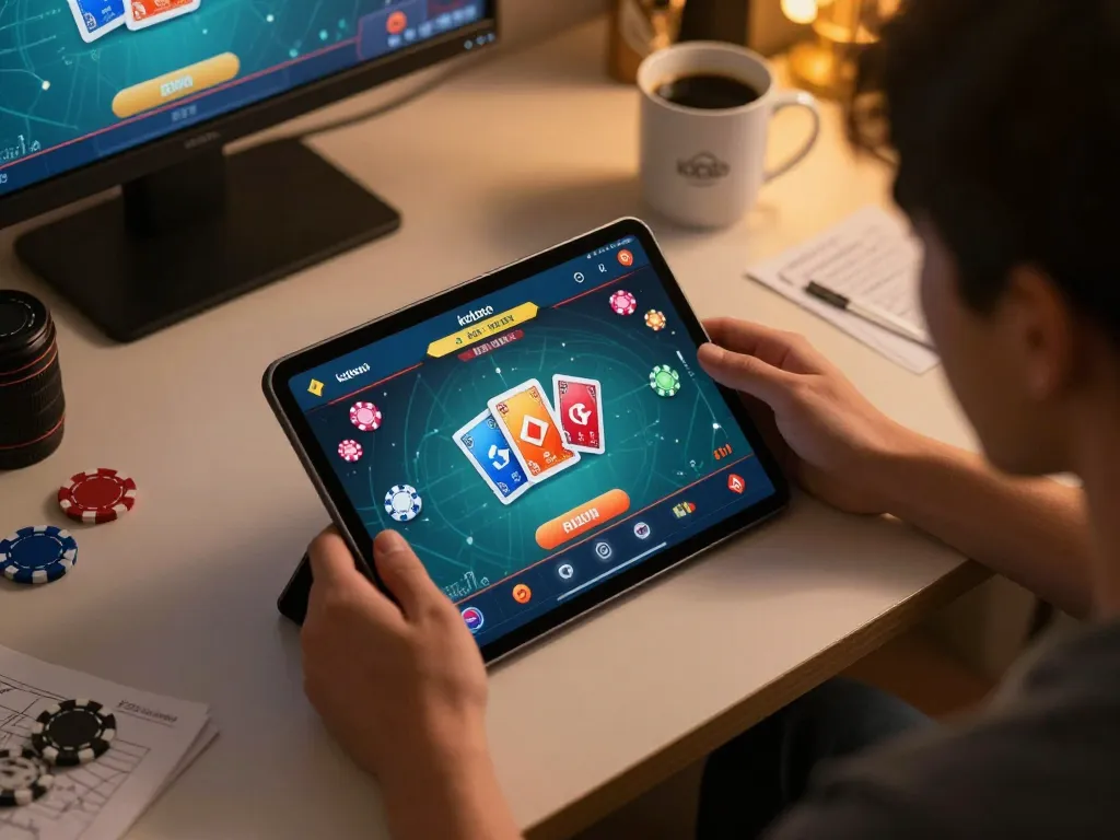 Player engaging with kdtoto online gaming app on tablet in a cozy home setting.