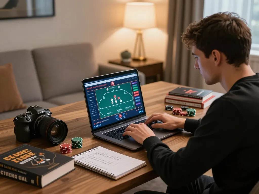 Player engaging in strategic online gambling with SC88E in a well-lit home office.