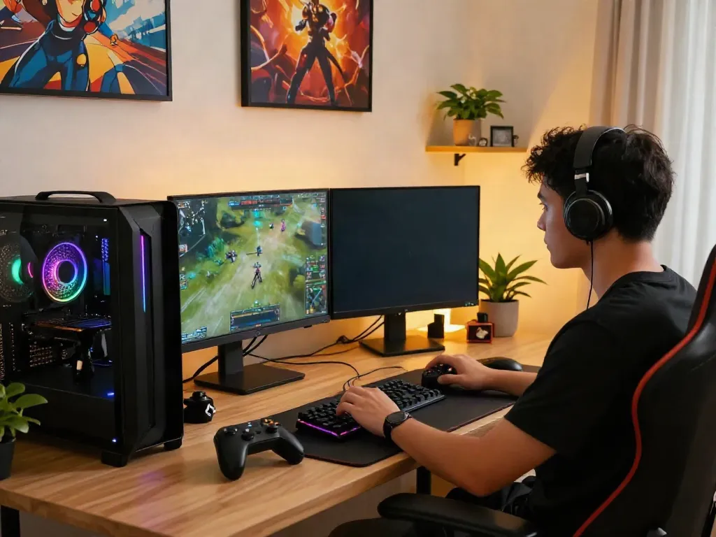 Akunjp gaming setup showcasing immersive gameplay atmosphere in a modern home office.