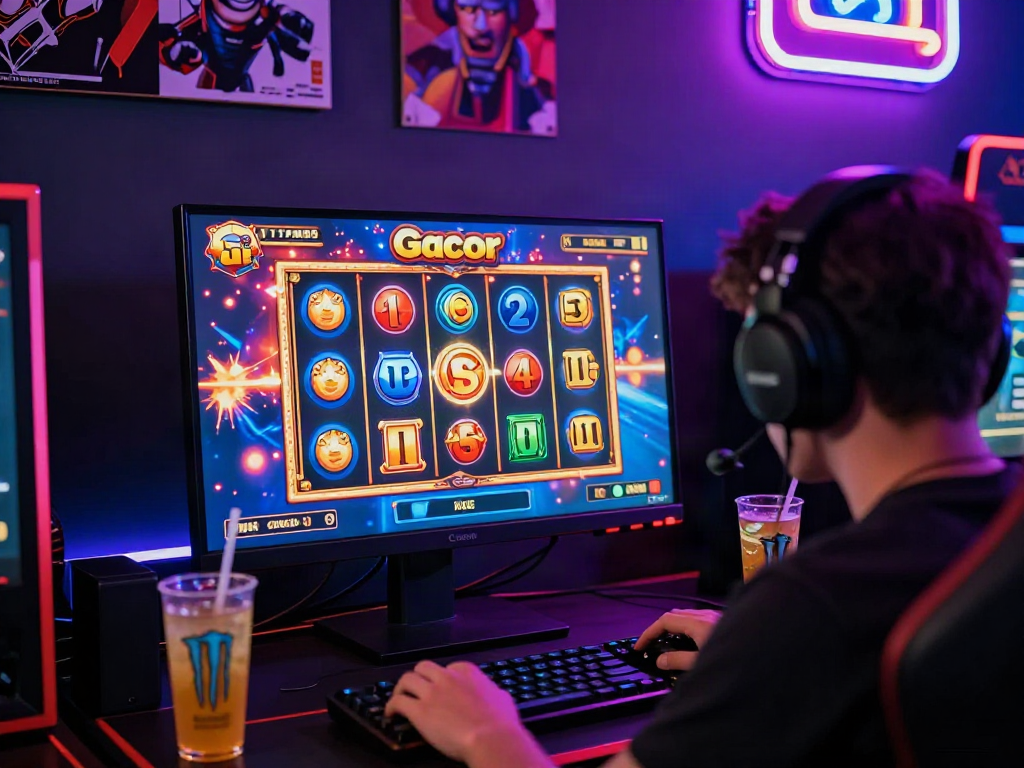 A player engaged in a thrilling online slot gacor game at a vibrant gaming setup with colorful visuals and energetic atmosphere.