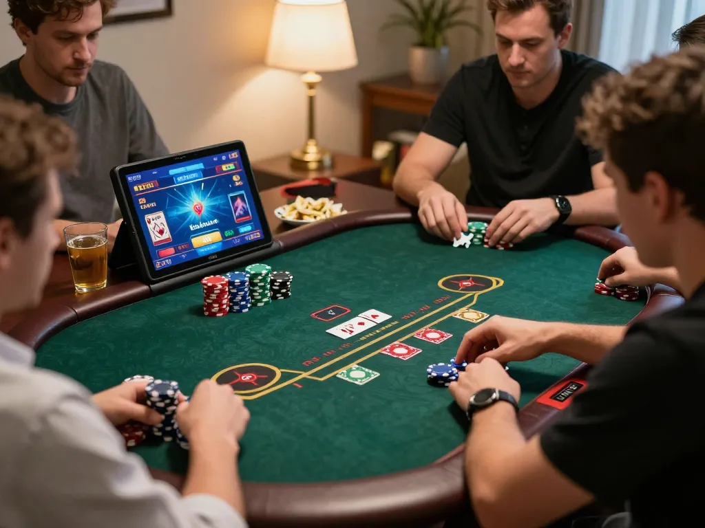 Players enjoying online poker gaming at home using 7-hd for an authentic experience.
