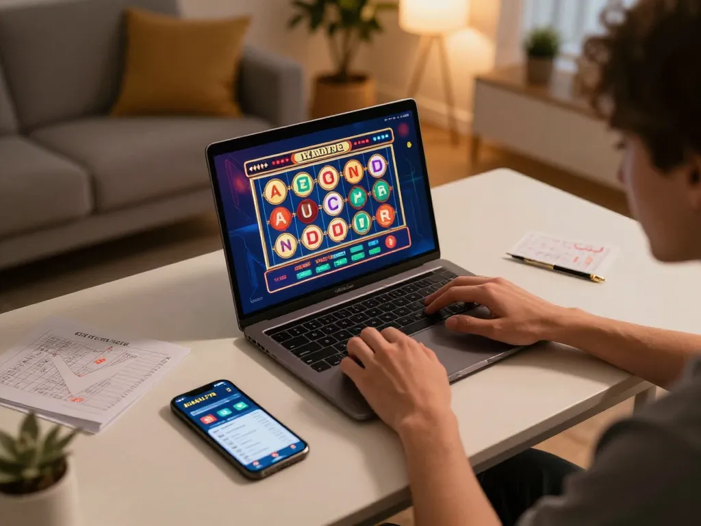 KADAL778 player's engaging in online slot gaming on a laptop with excitement in cozy home setting