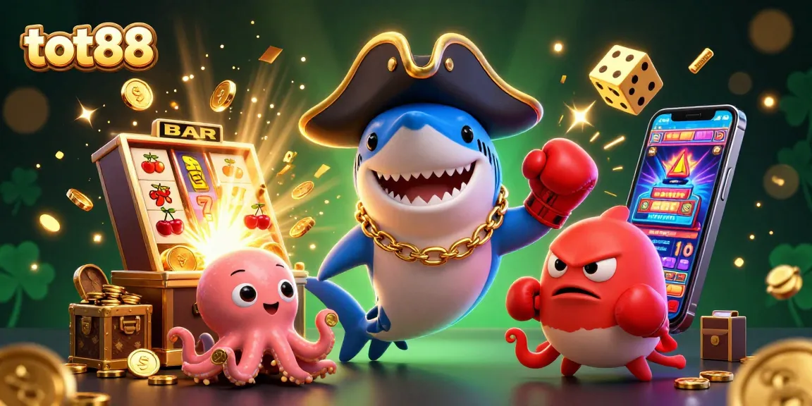 Spin the reels with tot88's vibrant 3D casino scene featuring dynamic characters and rich gaming elements.