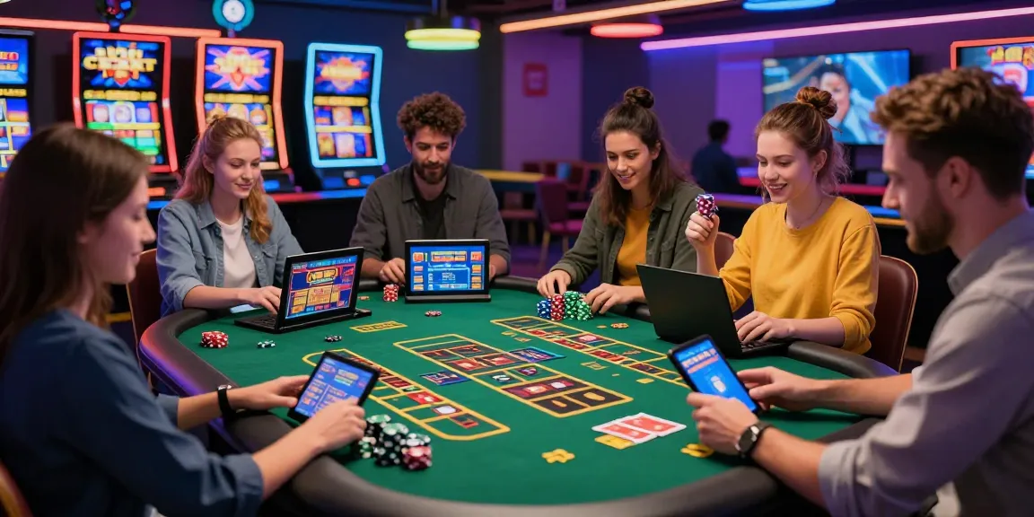 Group of UK players enjoying new credit card casinos at a vibrant virtual table, showcasing excitement and camaraderie.