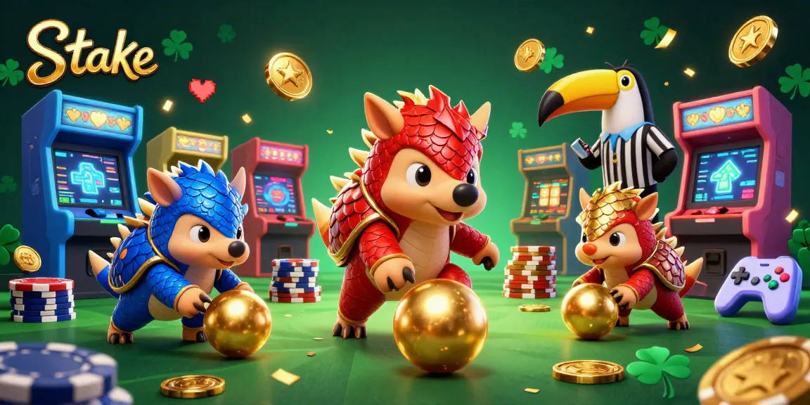 Bowling pangolins in colorful casino scene exploring Stake's gaming variety.