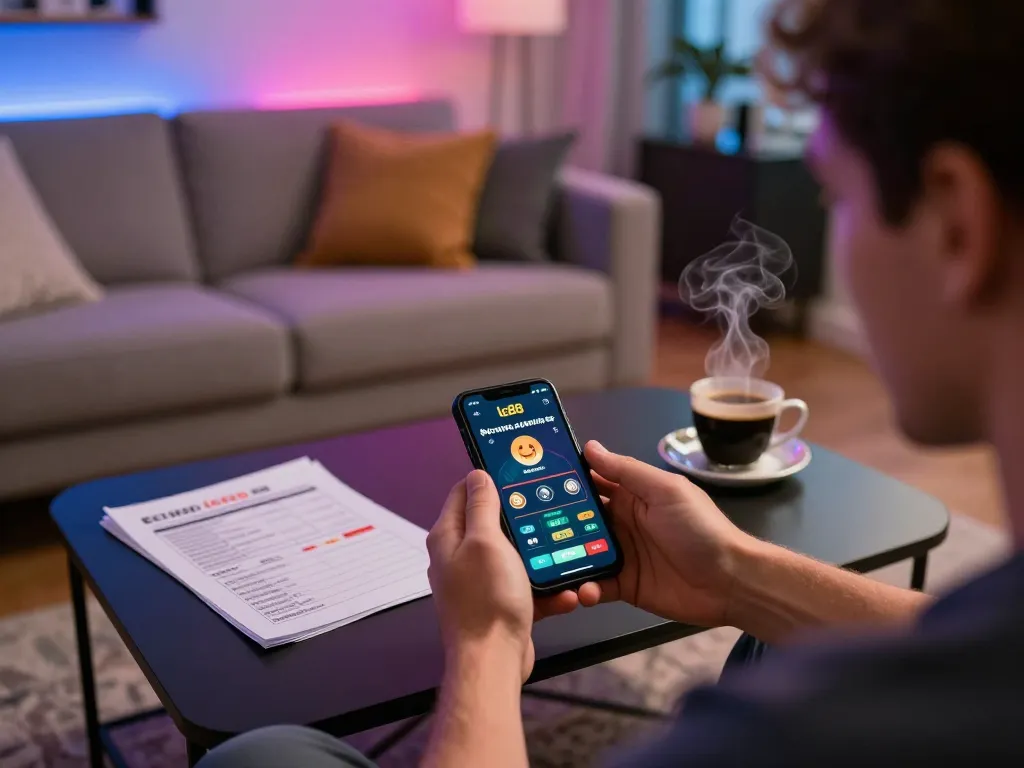 Player using lc88 casino app on smartphone while enjoying a cozy home gaming session