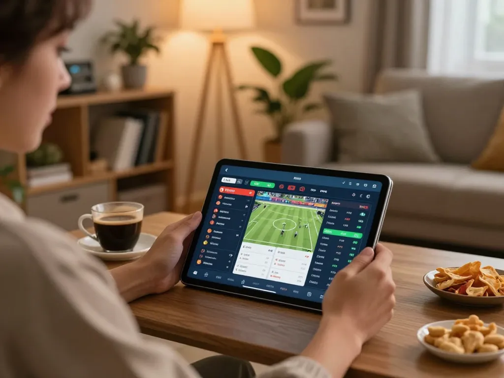 Cà Khịa TV user engaging in online sports betting on tablet, enjoying a comfortable home gaming setup.