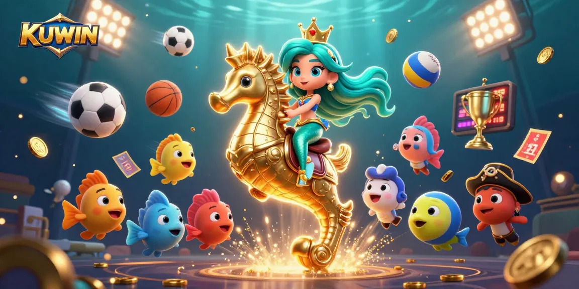 Experience the excitement of KUWIN with vibrant 3D illustration showcasing a mermaid, seahorse, and dynamic sports elements.
