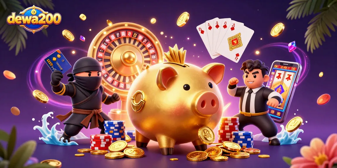 dewa200 mengadakan pertarungan seru antara pegulat bank piggy emas dan ninja dompet sambil dikelilingi koin emas