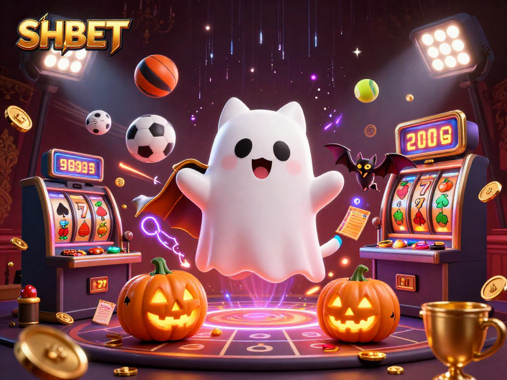 Experience thrills at SHBET with a ghost cat and glowing jack-o-lanterns in a dynamic casino.