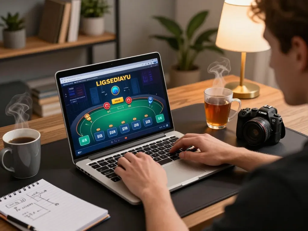 Engaging online poker gameplay on ligasedayu with a player strategizing at home setup