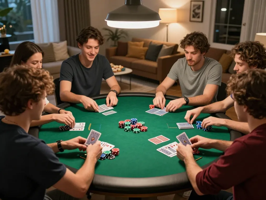 Friends enjoying a lively poker night at home, showcasing dynamic gameplay with Fly88 in the center.