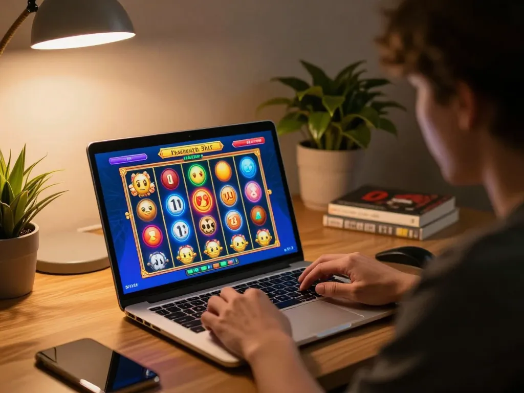 Playing Pragmatic Slots on a laptop in a cozy home gaming setup with warm lighting