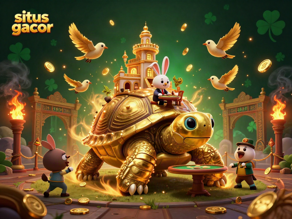 Situs gacor showcases a golden tortoise casino scene with vibrant characters and dynamic elements.