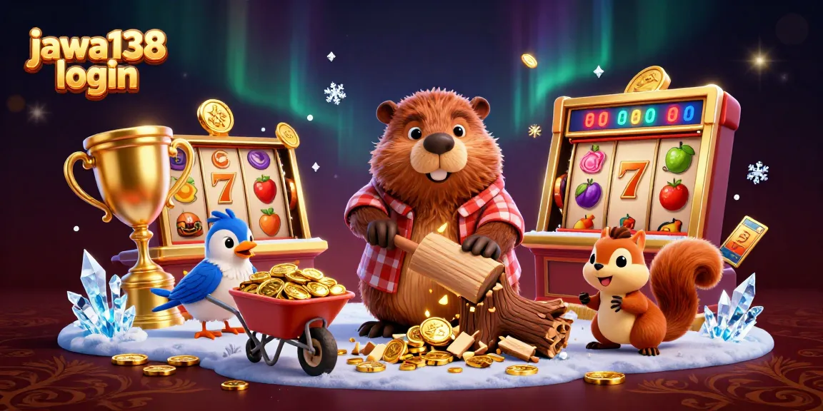 Ilustrasi 3D jawa138 login menampilkan beaver pemotong pohon yang menuangkan koin emas, adu keberuntungan di kasino.