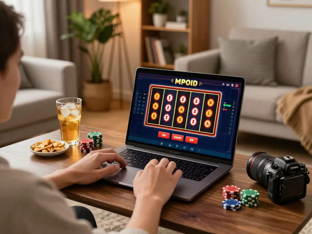 A person engaging with MPOID dynamic online casino game on a laptop in a cozy home setting.