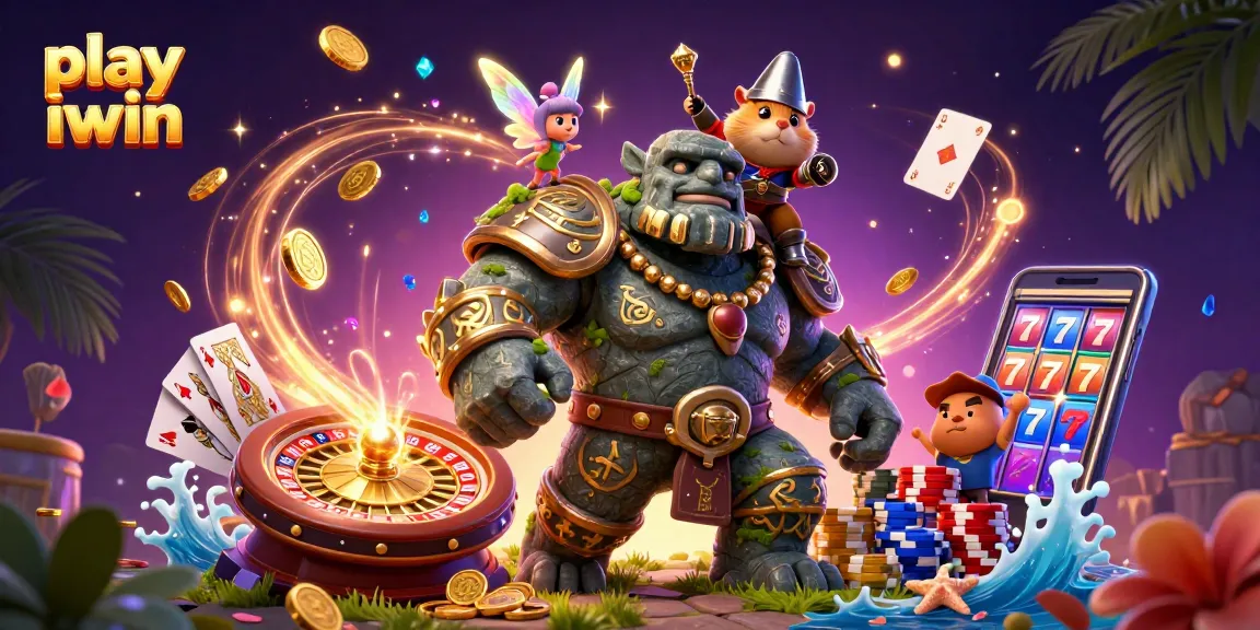 Join the adventure to play iwin with a magical golem, fairy, and hamster knight in a vibrant casino scene.
