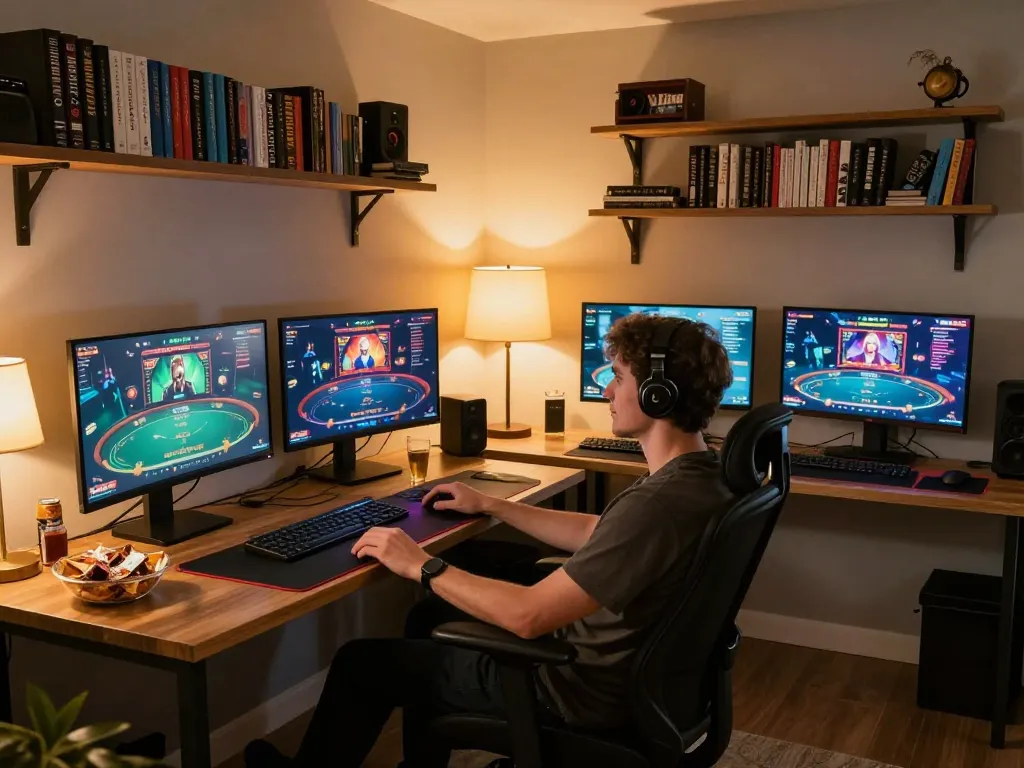 Jun88 player examines poker strategies during an online game in a cozy home office environment.