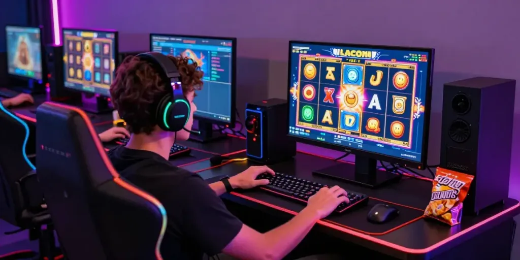 Person enjoying a slot gacor gaming session with vibrant graphics and LED lights.