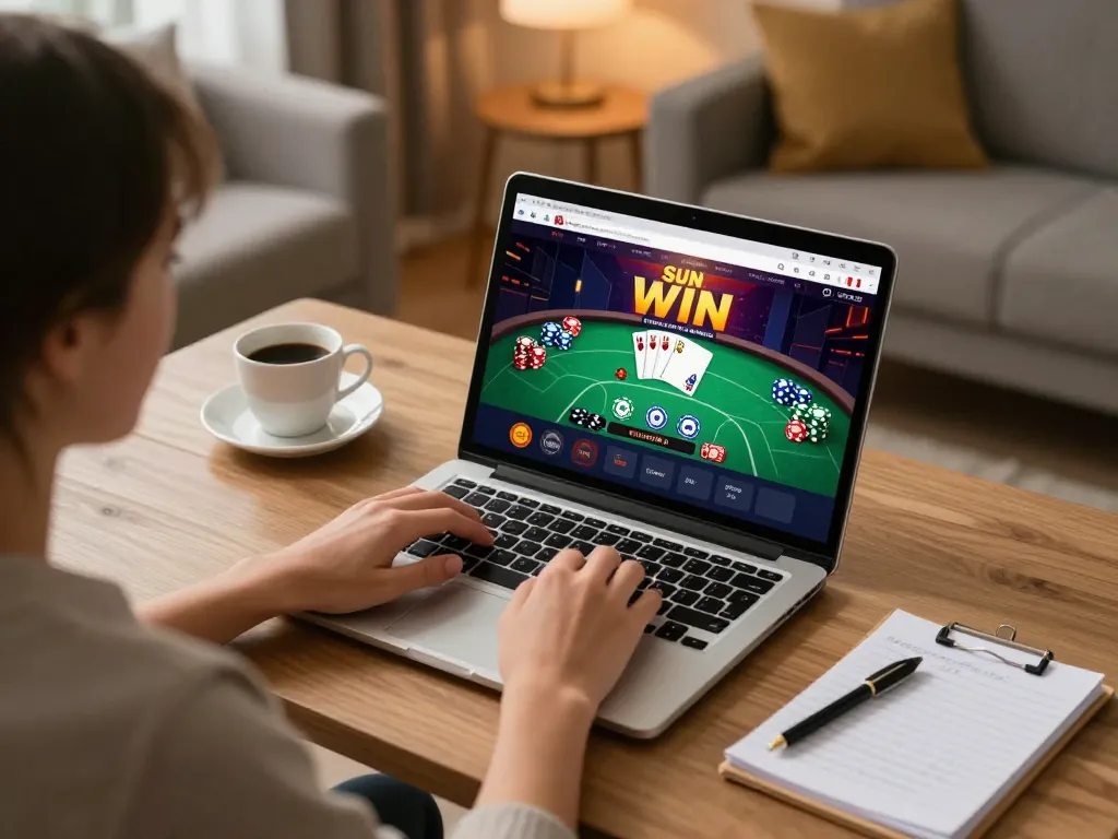 Engaging user explores sun win online casino gaming strategy with laptop in cozy home setup.