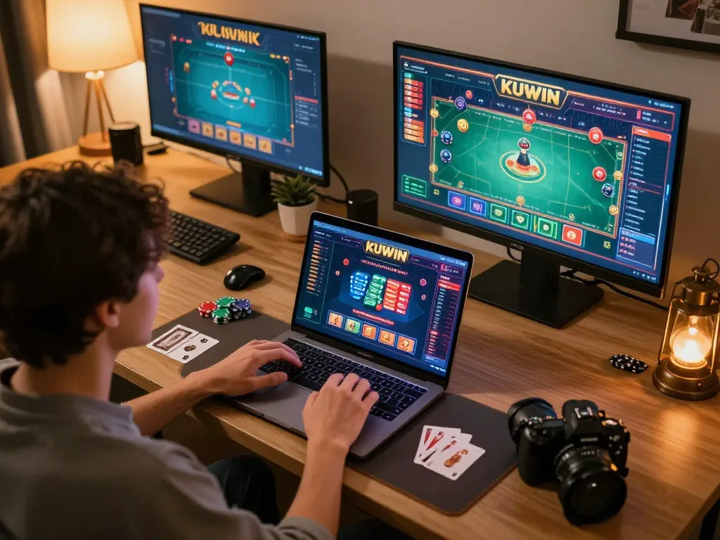 Player engaging with KUWIN online casino game, chips and cards prominently featured in a cozy home setting.