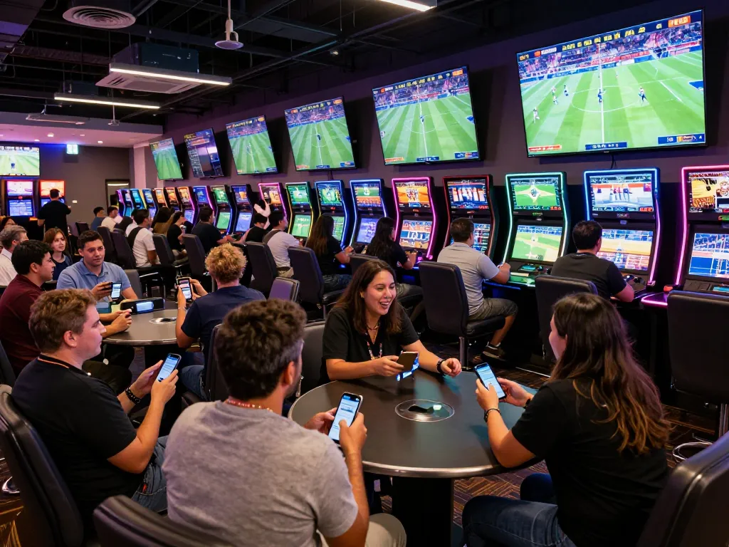 Engaged patrons placing bets on sports events at the vibrant lounge of official smartcityhostels casino.